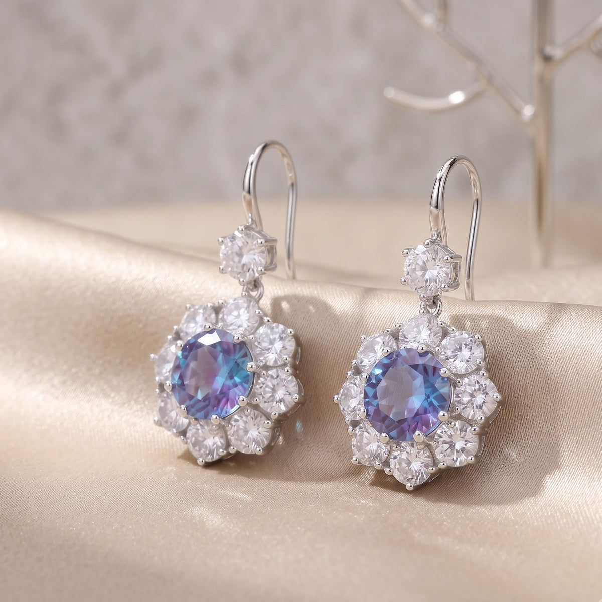 Aurora Crystal Floral Halo Drop Earrings, Rhodium finish