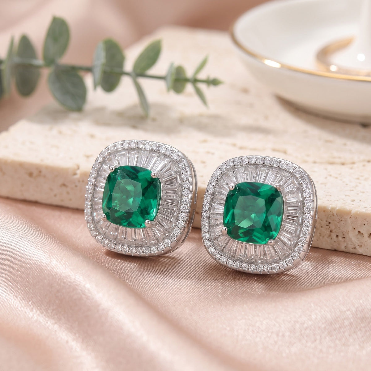 Green Crystal Cushion Baguette Halo Stud Earrings, Rhodium finish