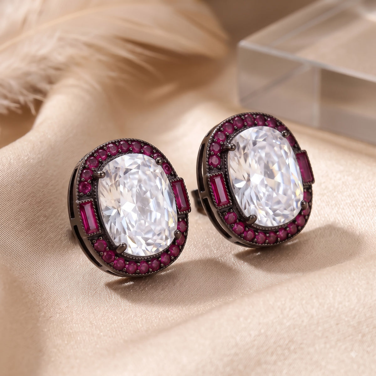 Cadence Oval Solitaire Ruby Halo Stud Earrings