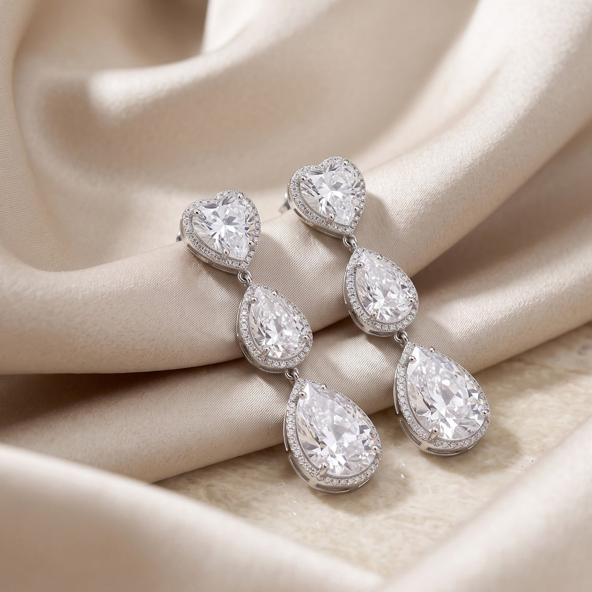 White Crystal Heart & Teardrop Drop Earrings, Rhodium finish