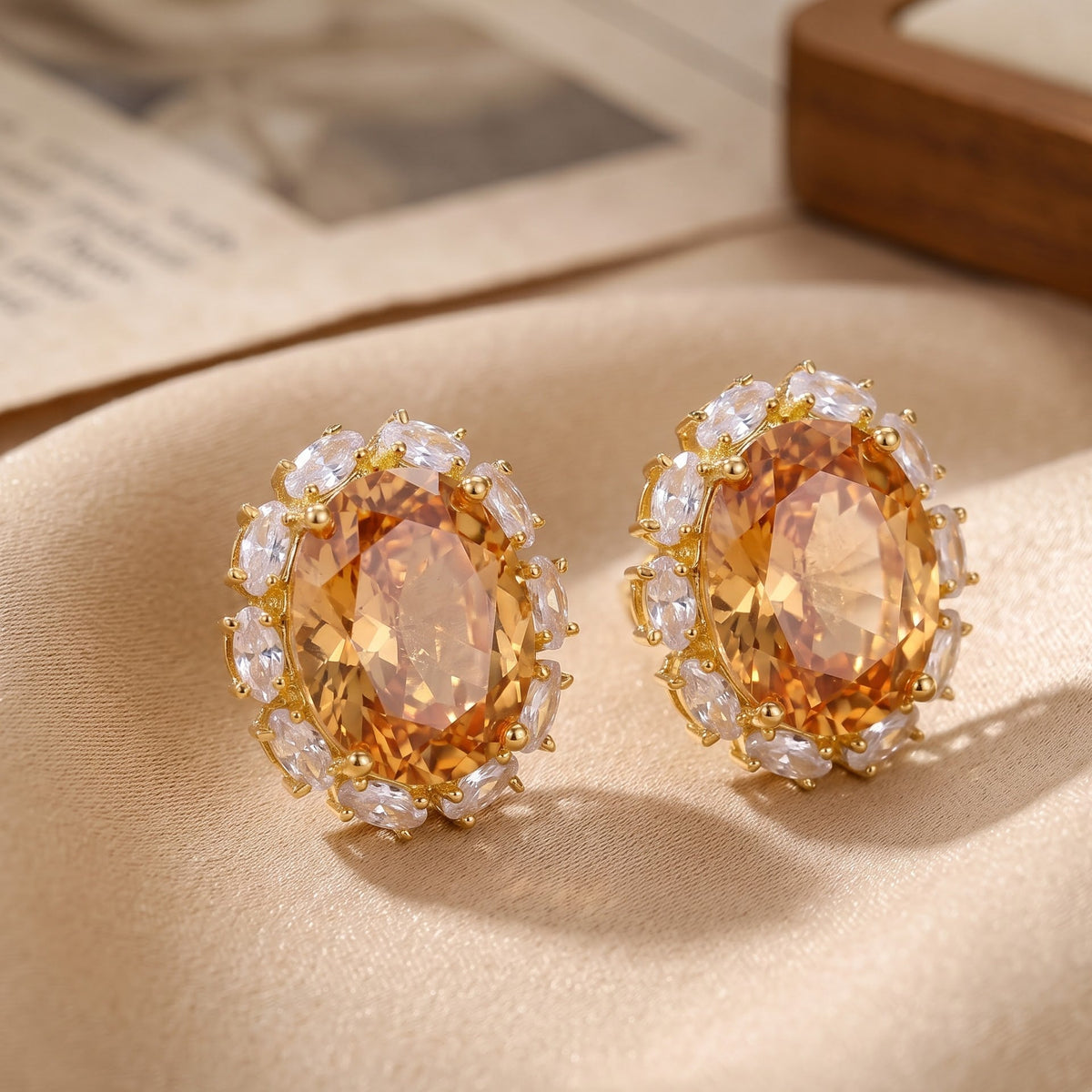 Rouge Oval Crystal Halo Stud Earrings, Gold finish
