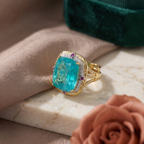 Oceana Turquoise Blue Crystal Cushion Halo Cocktail Ring, Gold finish
