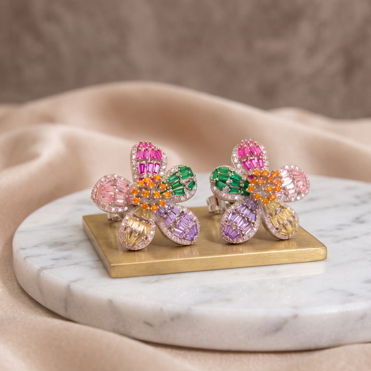 Multicolour Crystal Baguette Flower Stud Earrings, Rhodium finish