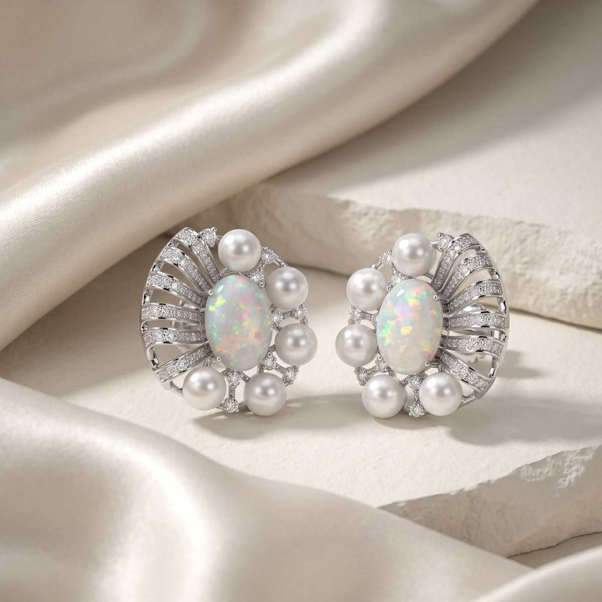 Opal & Pearl Cluster Stud Earrings