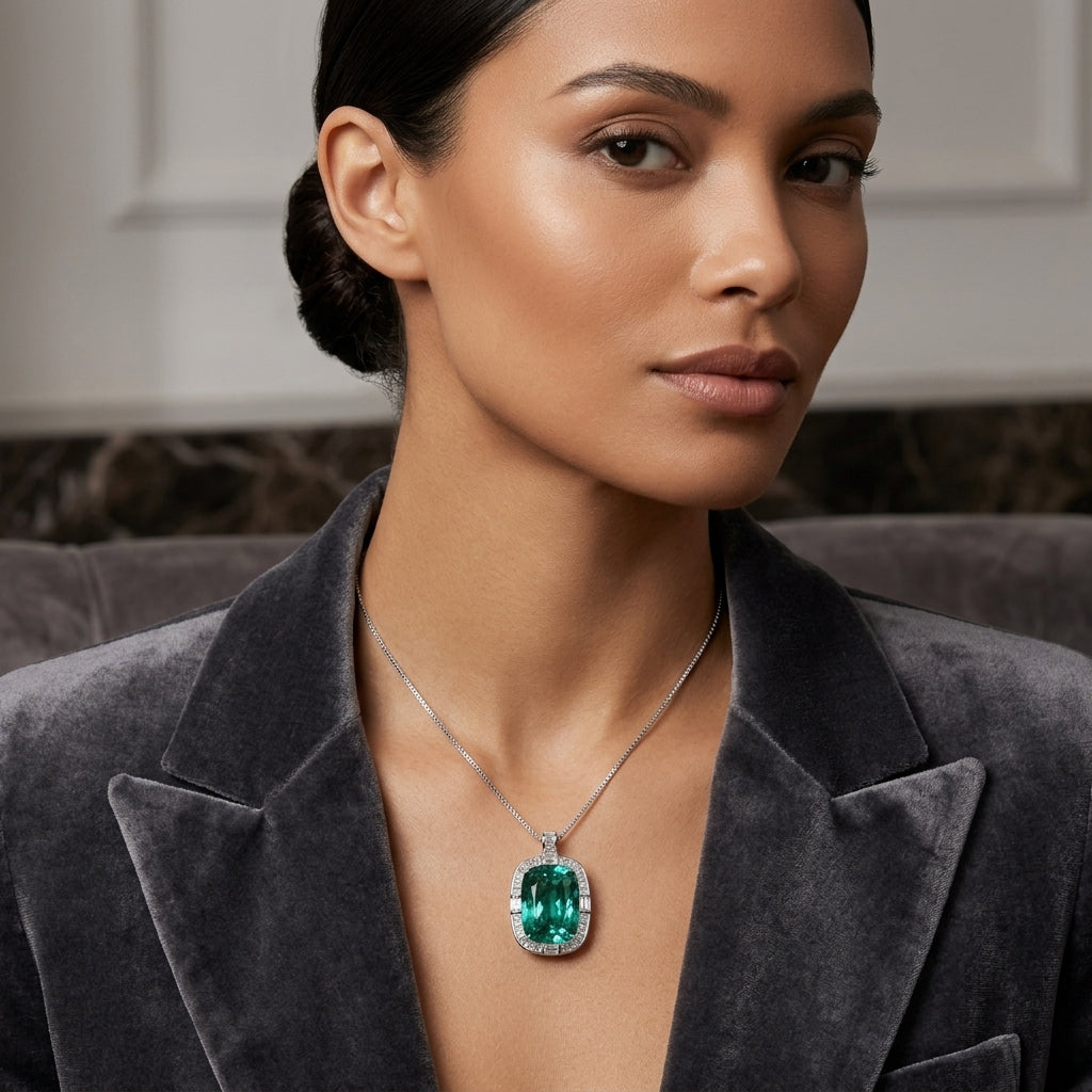 Regalia Green Crystal Cushion Baguette Pendant Necklace, Rhodium finish