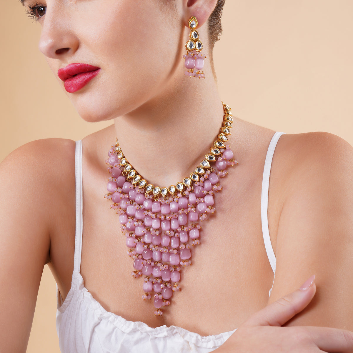 Noor gold plated pink statement necklace set