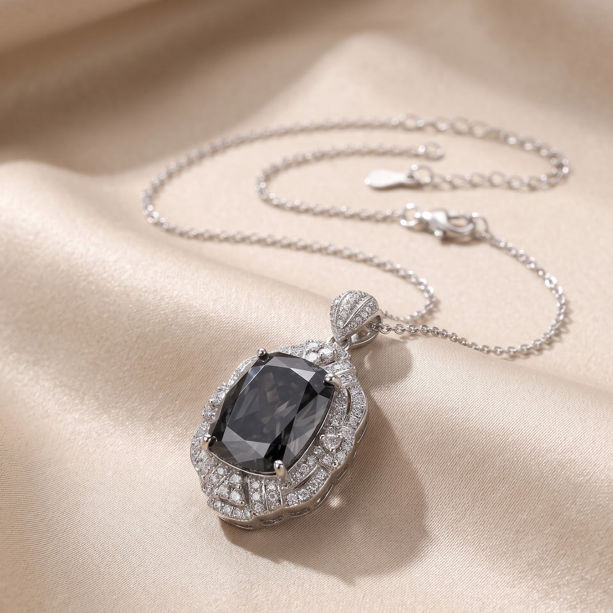 Eclipse Grey Crystal Cushion Royal Pendant Necklace, Rhodium finish