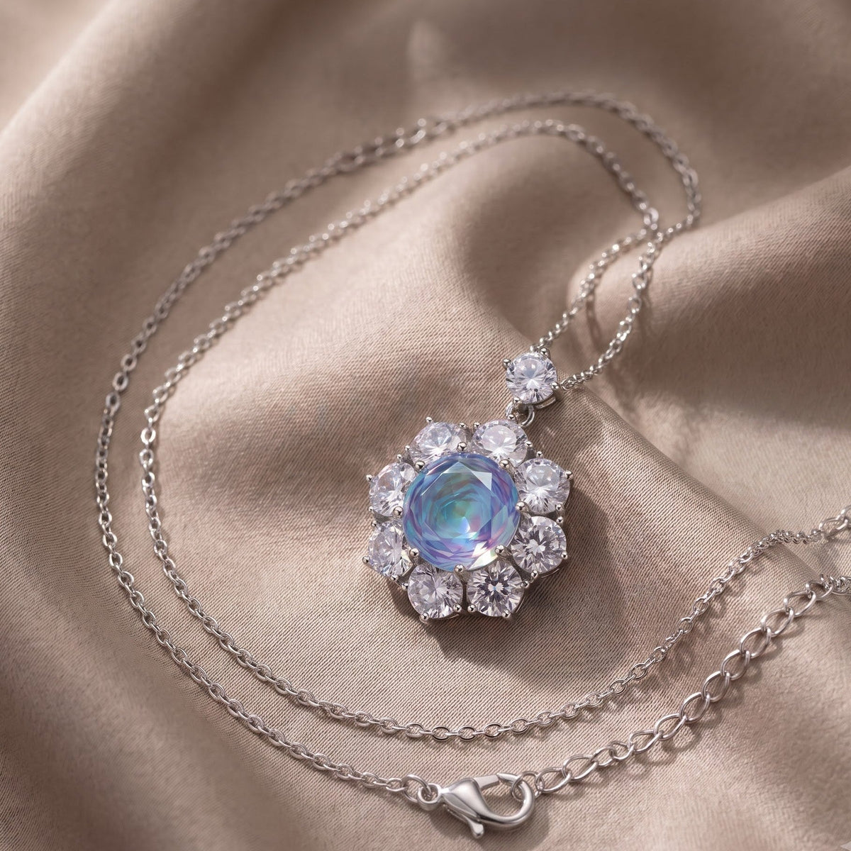 Aurora Crystal Floral Halo Pendant Necklace, Rhodium finish