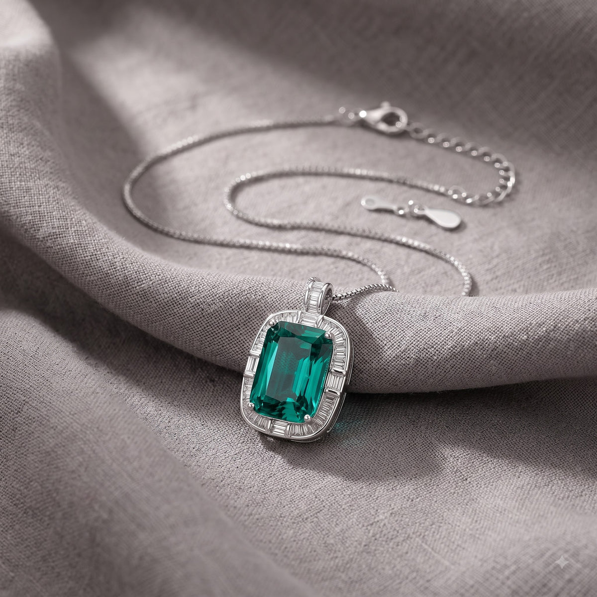 Regalia Green Crystal Cushion Baguette Pendant Necklace, Rhodium finish