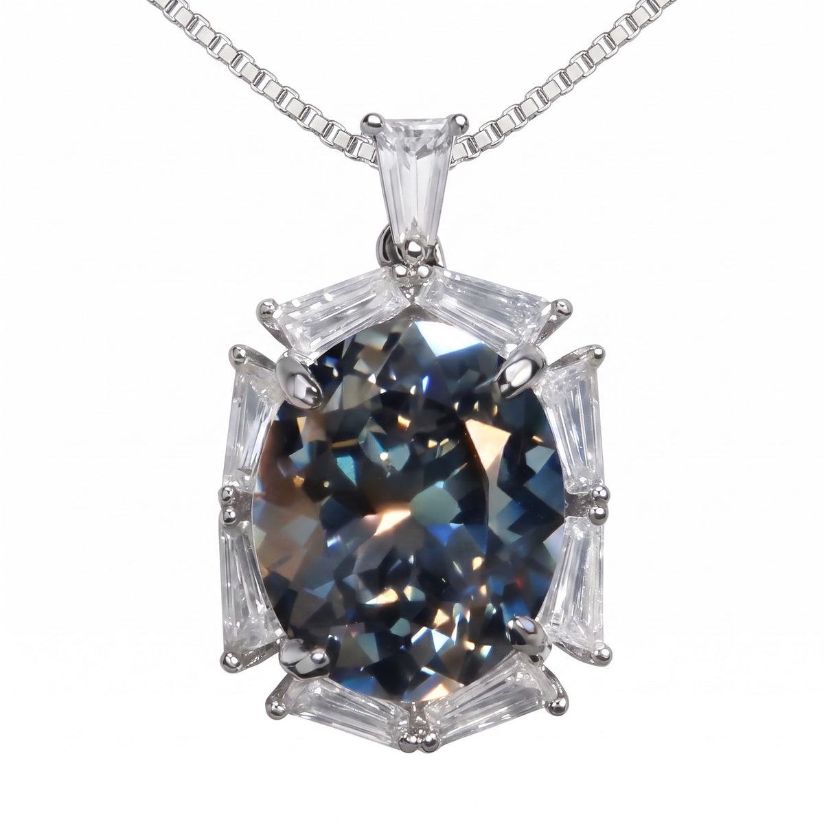 Noctis Grey Crystal Oval Baguette Halo Pendant Necklace, Rhodium finish