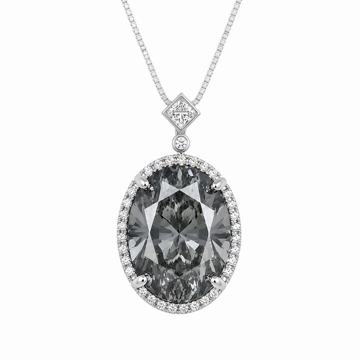 Diana Grey Crystal Oval Halo Pendant Necklace, Rhodium finish