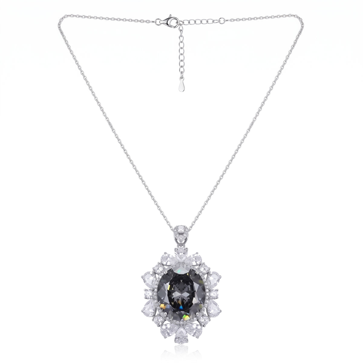 Coralia Grey & White Crystal Floral Halo Pendant Necklace, Rhodium finish