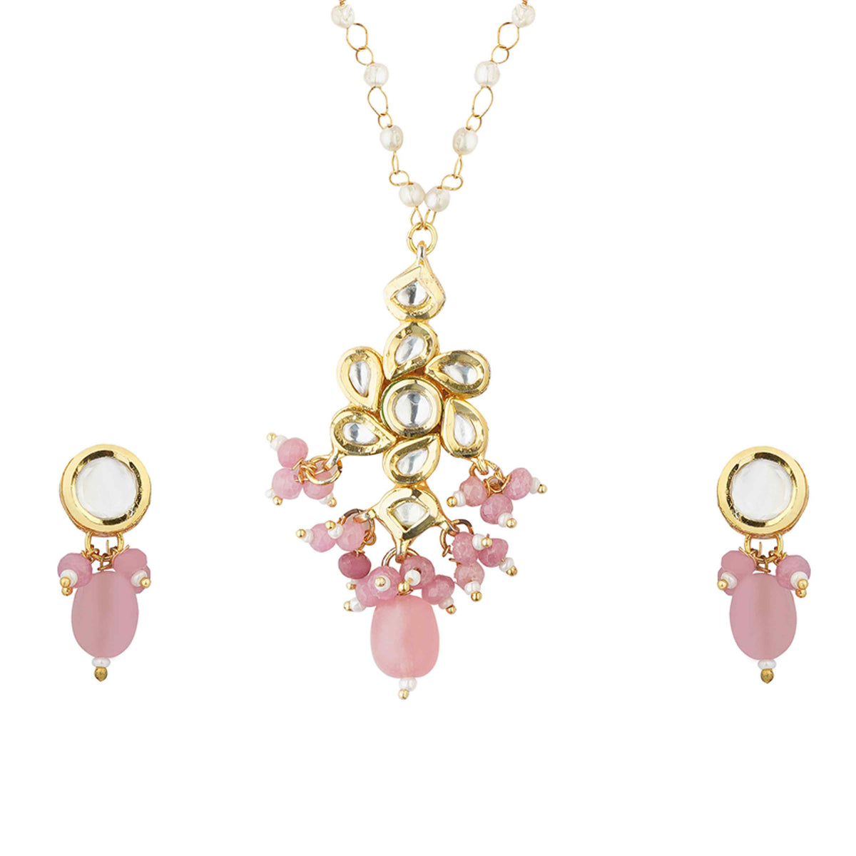 Pink Kundan Pendant with Pearl Accents Necklace Close-Up