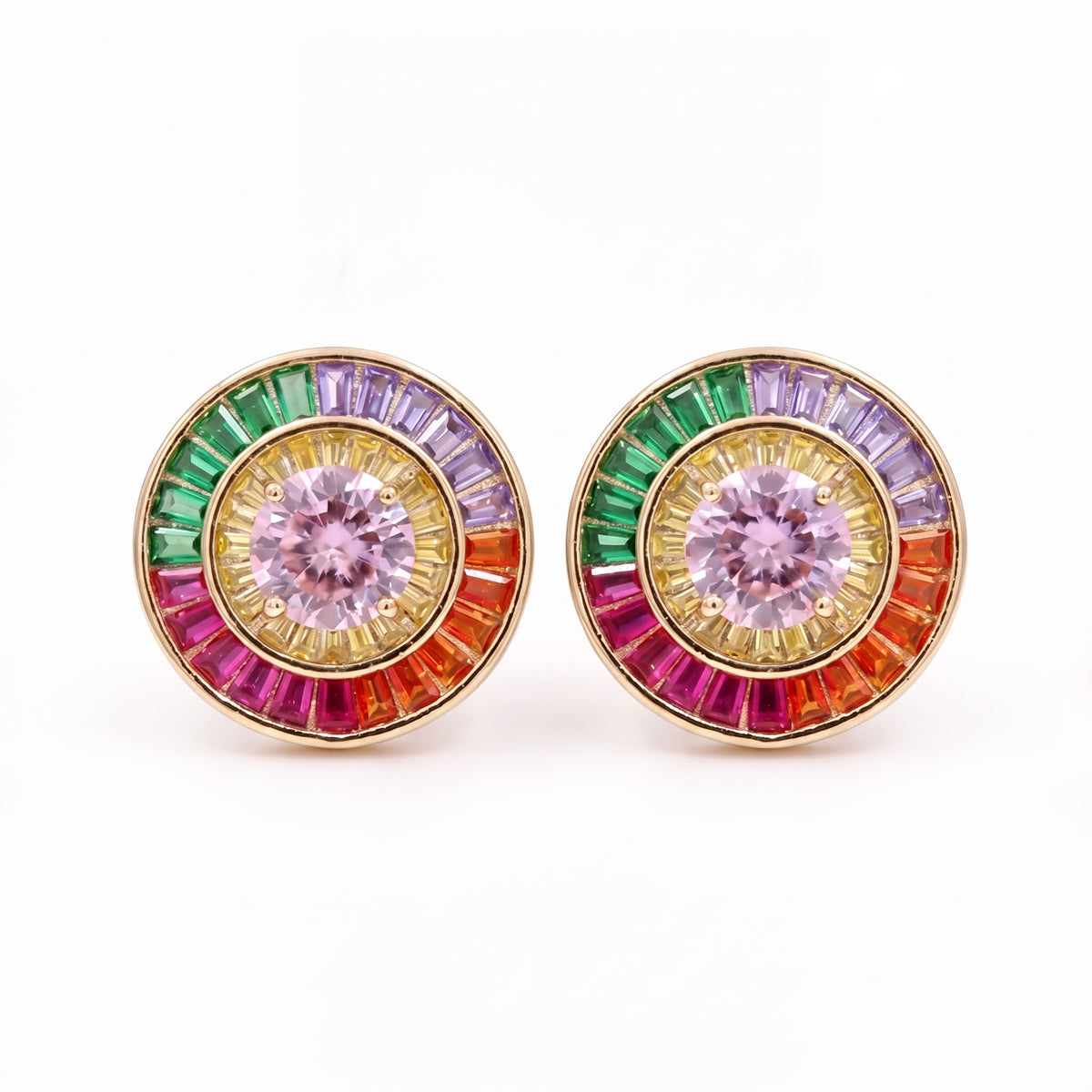 Orbis Multicolour Crystal Round Halo Stud Earrings, Gold finish