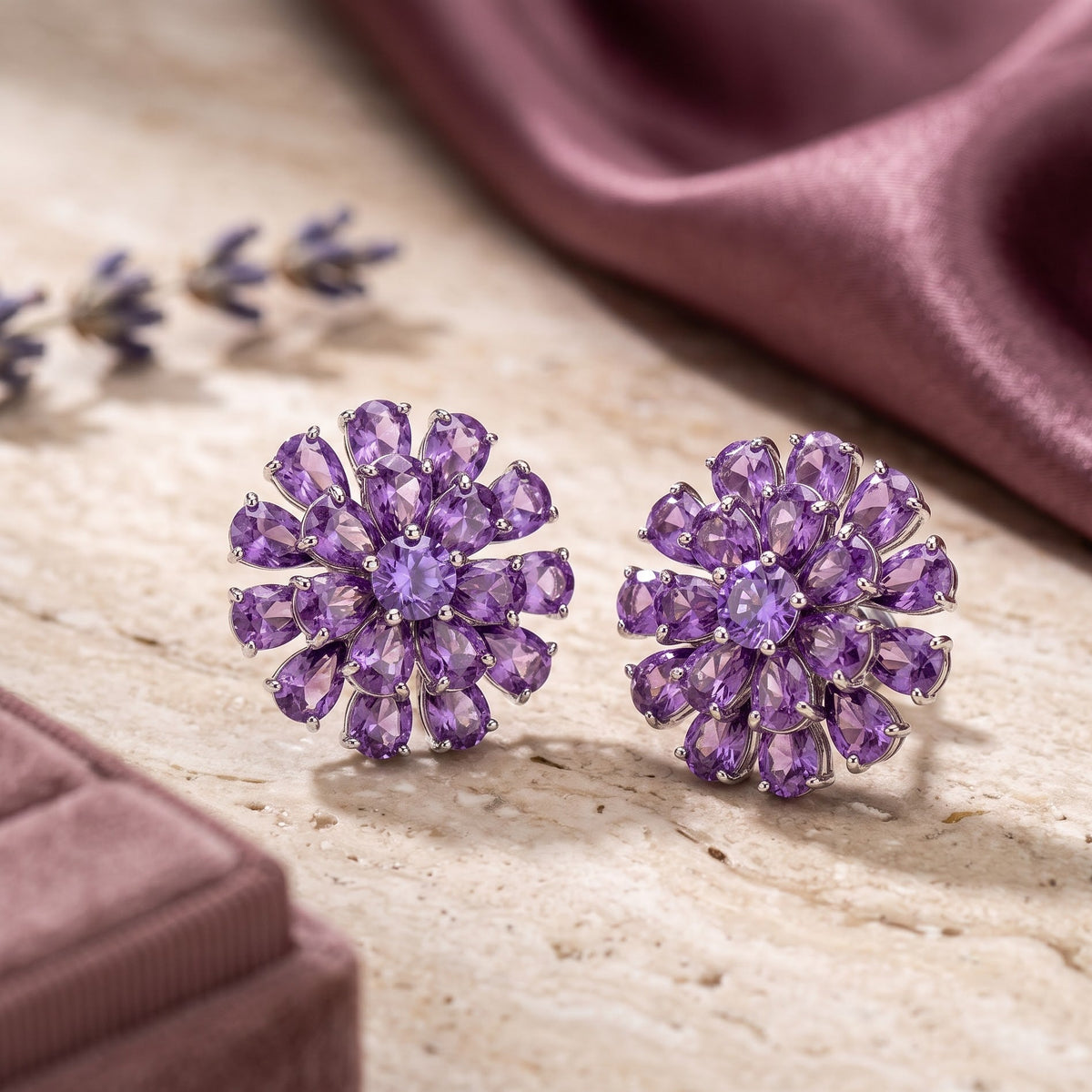 Purple Daisy Bloom Crystal Stud Earrings