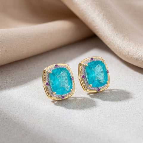 Oceana Turquoise Blue Crystal Cushion Halo Stud Earrings, Gold finish