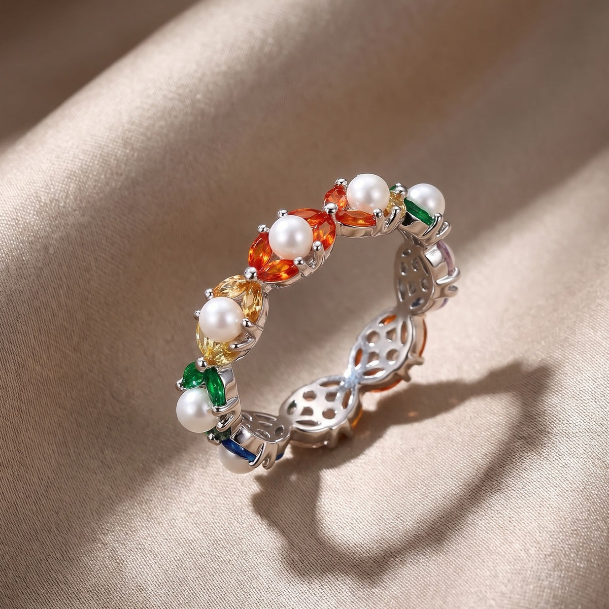 Multicolour Pearl & CZ Half-Eternity Band Ring – Silver-Tone Stackable Ring