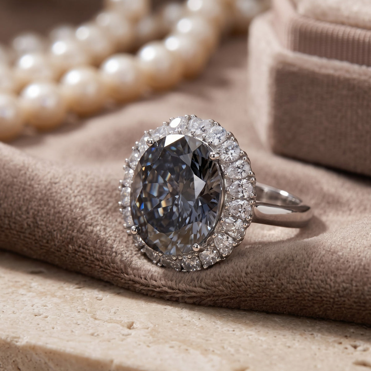 Grey Crystal Oval Halo Statement Cocktail Ring, Rhodium finish
