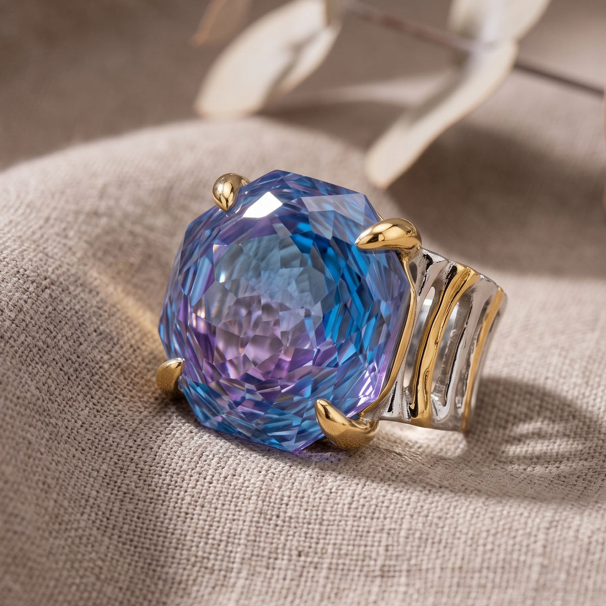 Canvas Crystal Emerald Cut Two-Tone Statement Cocktail Ring, Gold & Rhodium finish