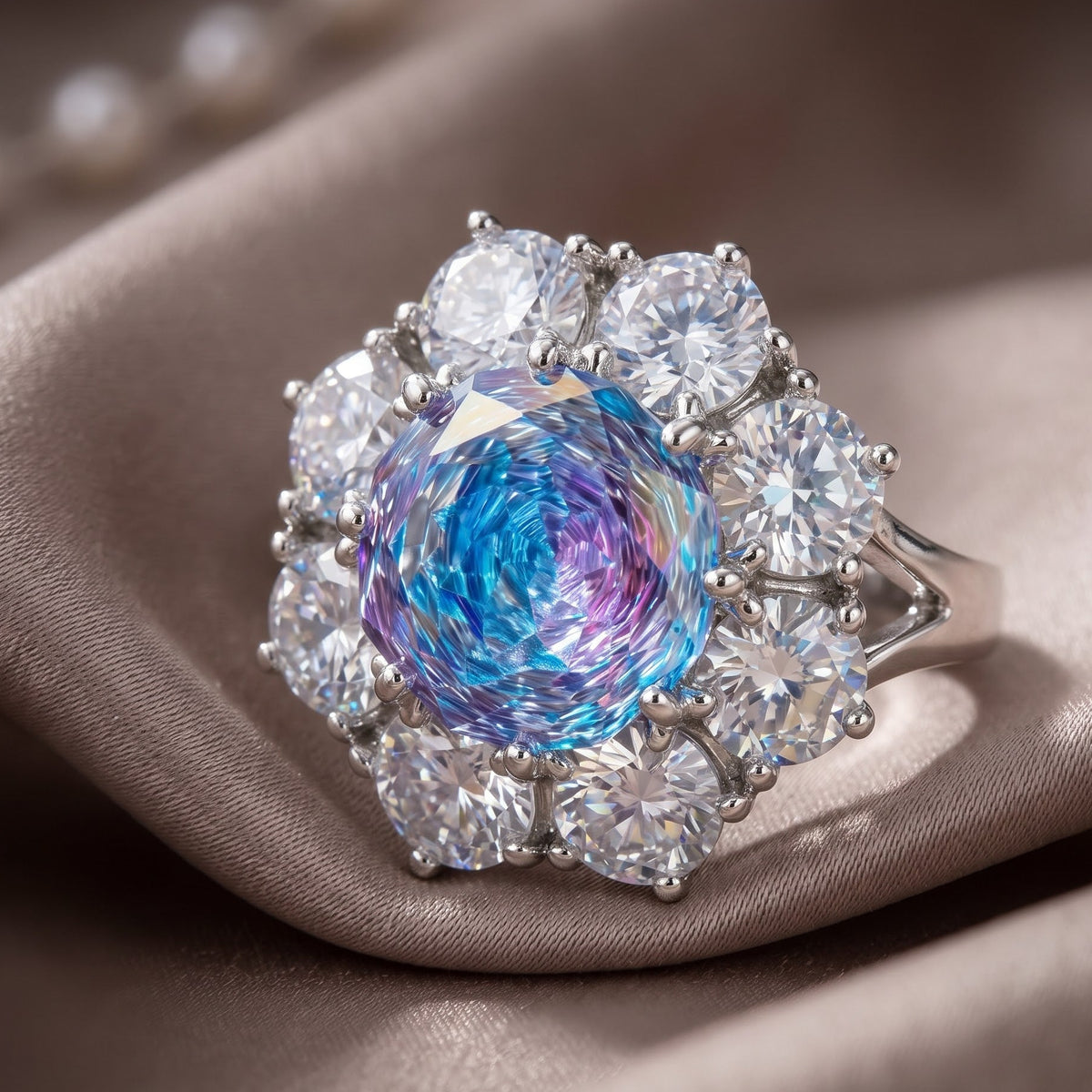 Aurora Crystal Cushion Halo Cocktail Ring, Rhodium finish