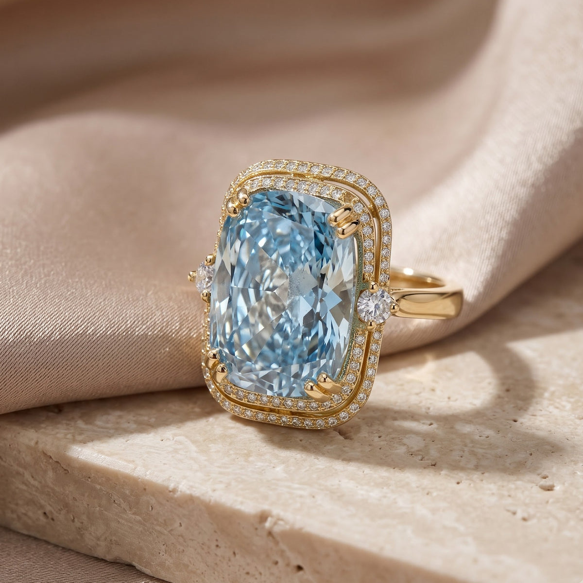 Crystal Cushion Cut Double Halo Statement Cocktail Ring, Gold finish