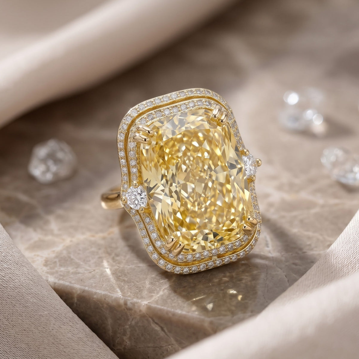 Crystal Cushion Cut Double Halo Statement Cocktail Ring, Gold finish