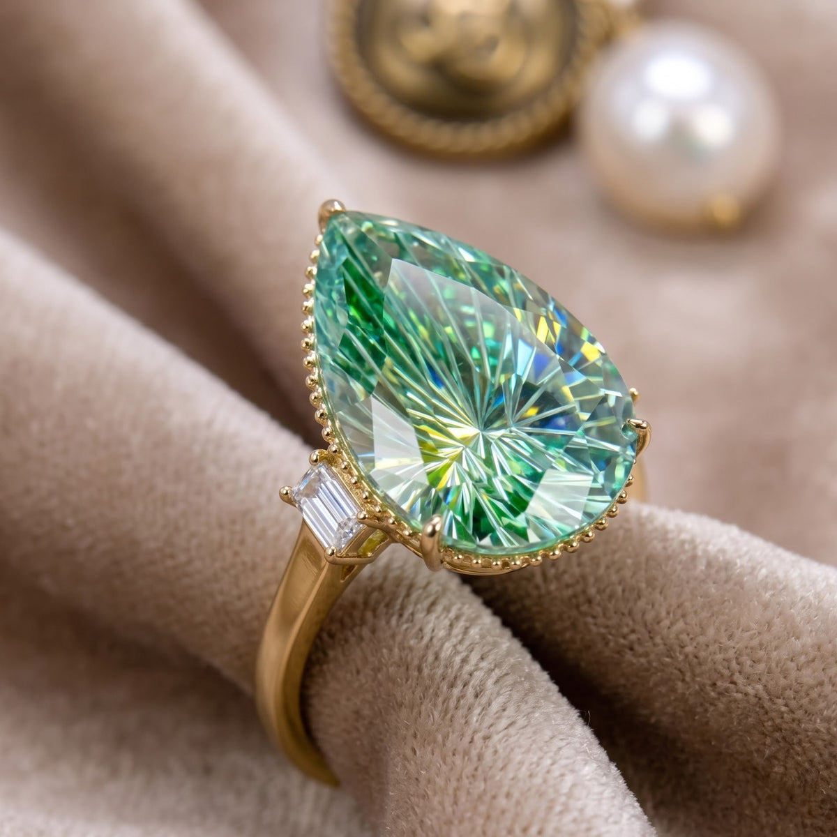 Crystal Pear Solitaire Cocktail Ring, Gold finish