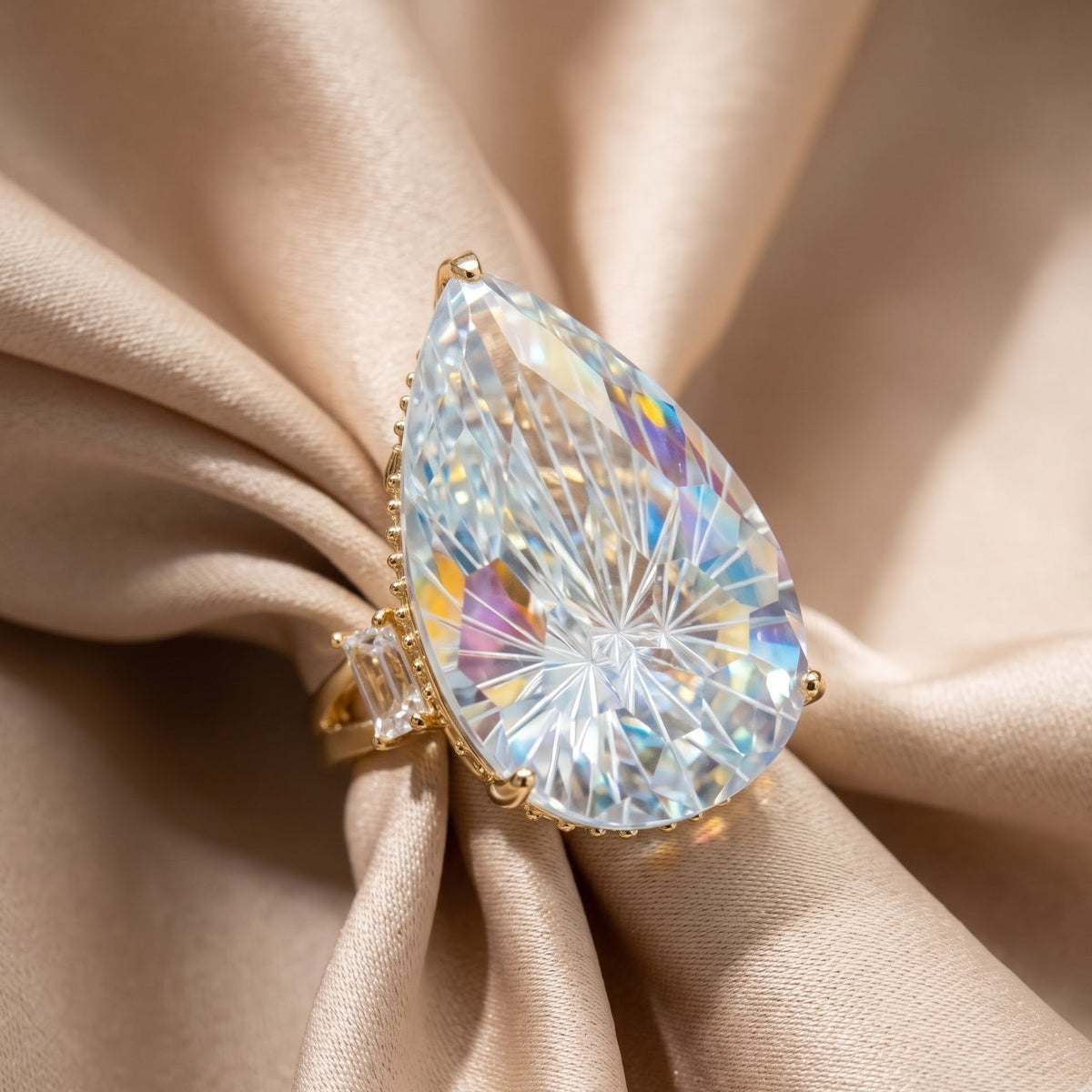 Crystal Pear Solitaire Cocktail Ring, Gold finish