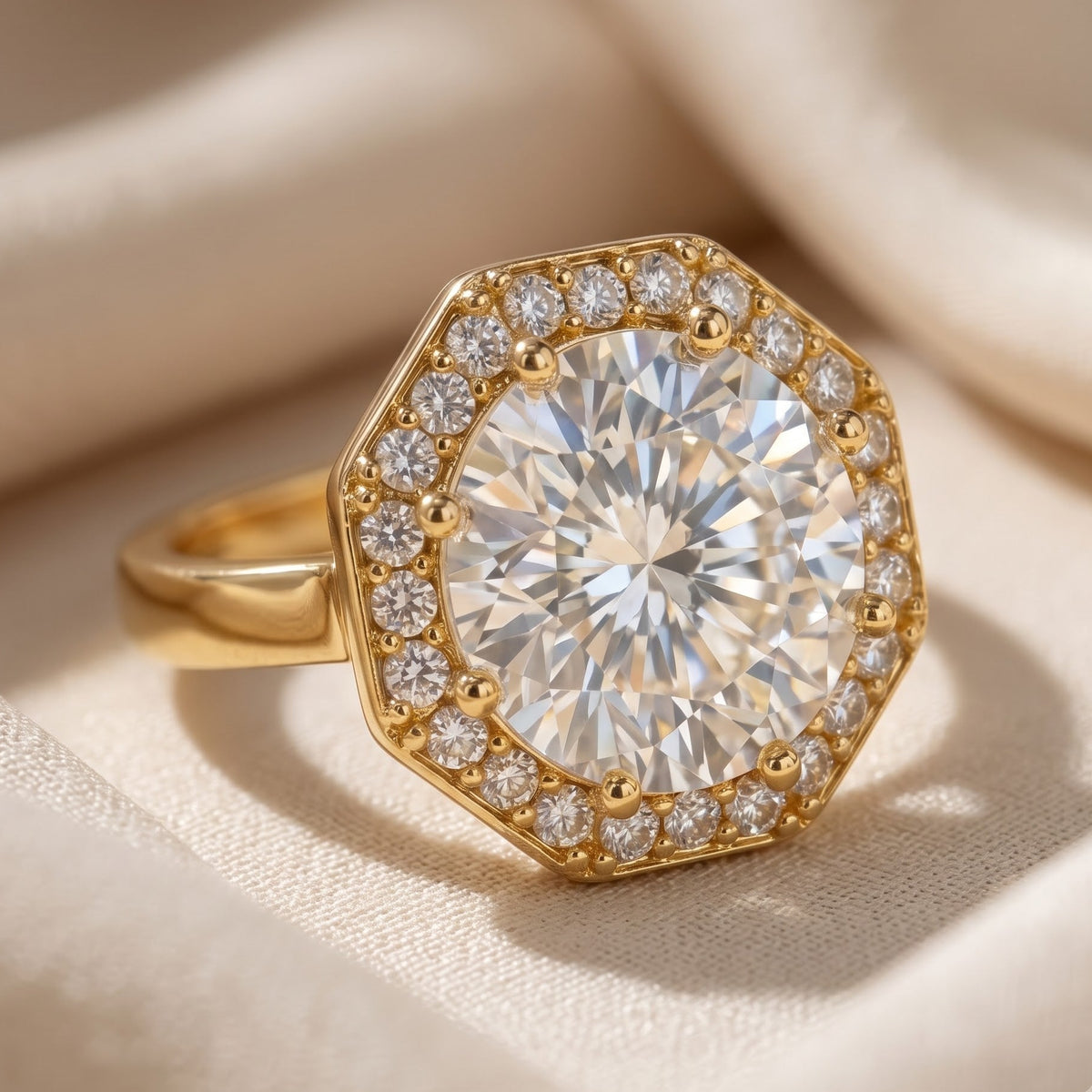 Gold-Tone Octagonal Halo Solitaire Crystal Ring