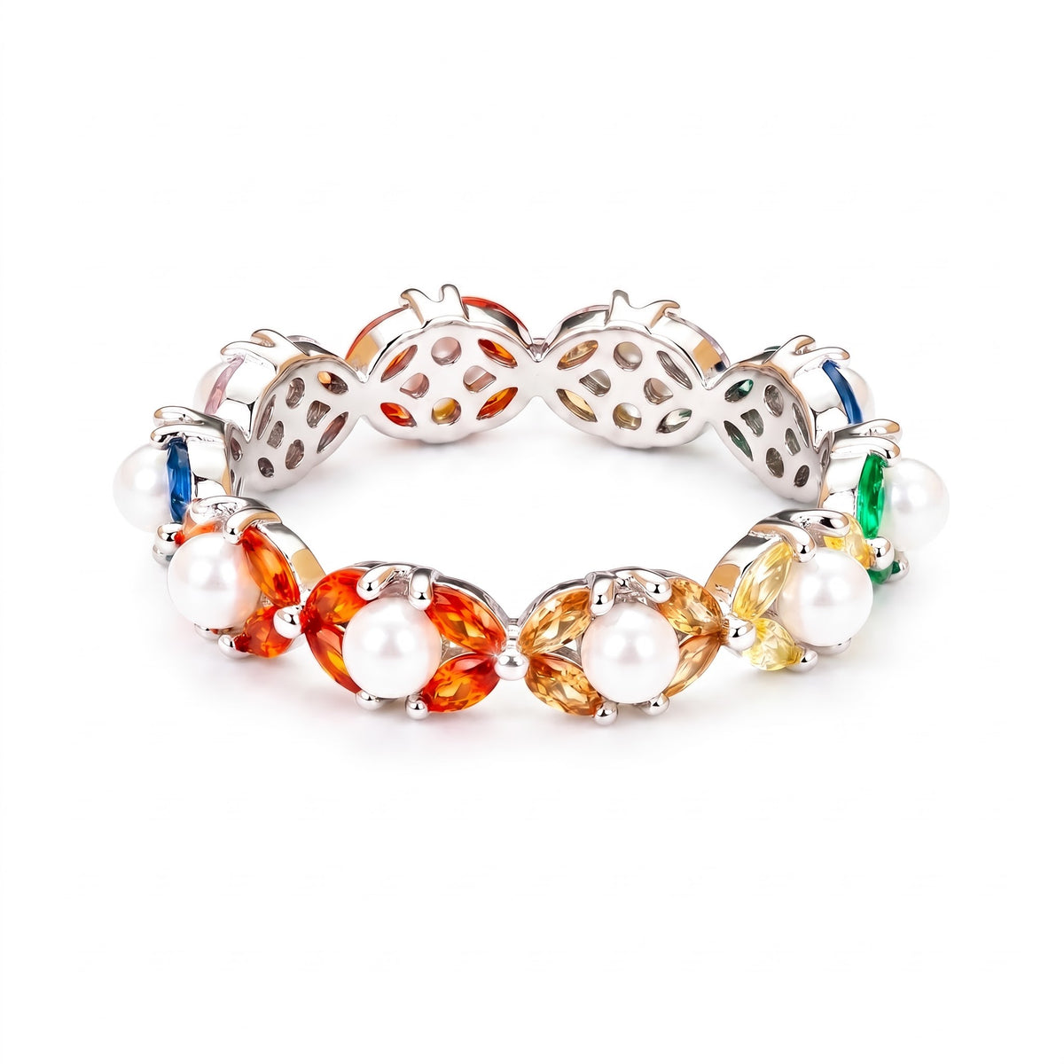 Multicolour Pearl & CZ Half-Eternity Band Ring – Silver-Tone Stackable Ring