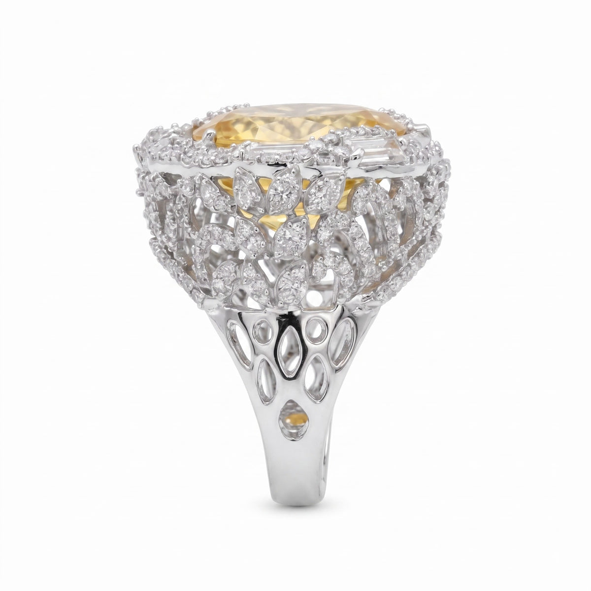 Yellow Crystal Emerald Cut Statement Cocktail Ring, Gold & Rhodium finish