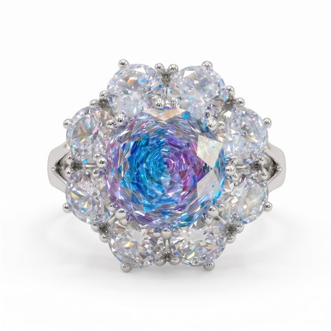 Aurora Crystal Cushion Halo Cocktail Ring, Rhodium finish