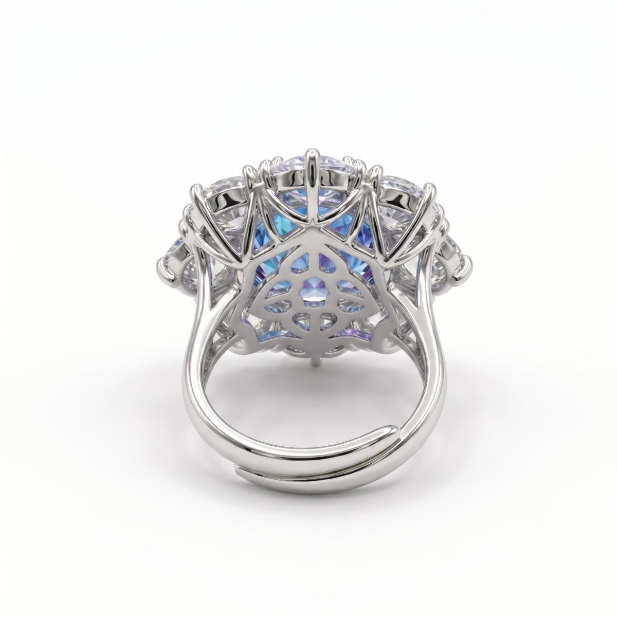 Aurora Crystal Cushion Halo Cocktail Ring, Rhodium finish