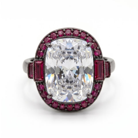 Cadence White Crystal Oval Cocktail Ring with Ruby Halo, Black Rhodium finish