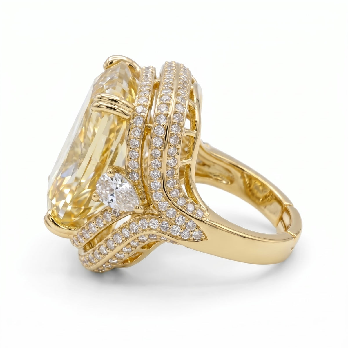Crystal Cushion Cut Double Halo Statement Cocktail Ring, Gold finish