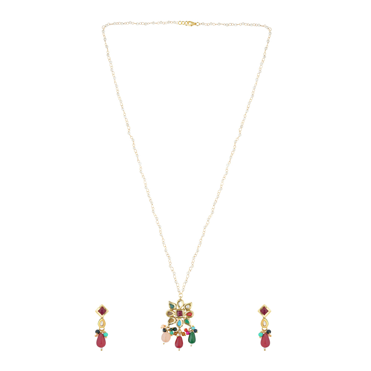 Safiya Multicolor Beaded Pendant Necklace Set with Earrings – Front View Close-Up Product Image