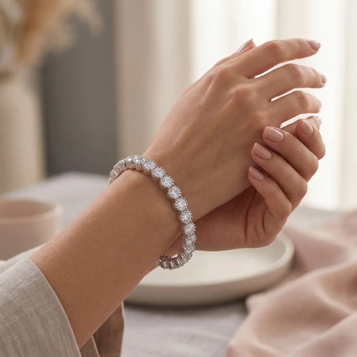 White crystal solitaire eternity bangles pair for women, rhodium finish (view 5) - RANGREZ