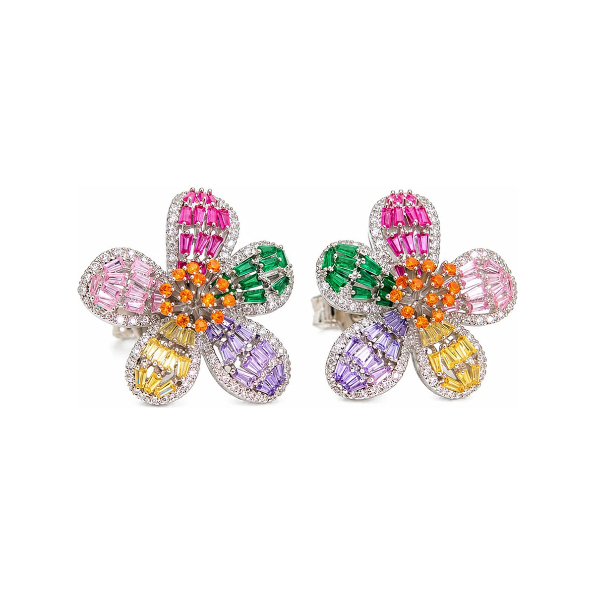Multicolour Crystal Baguette Flower Stud Earrings