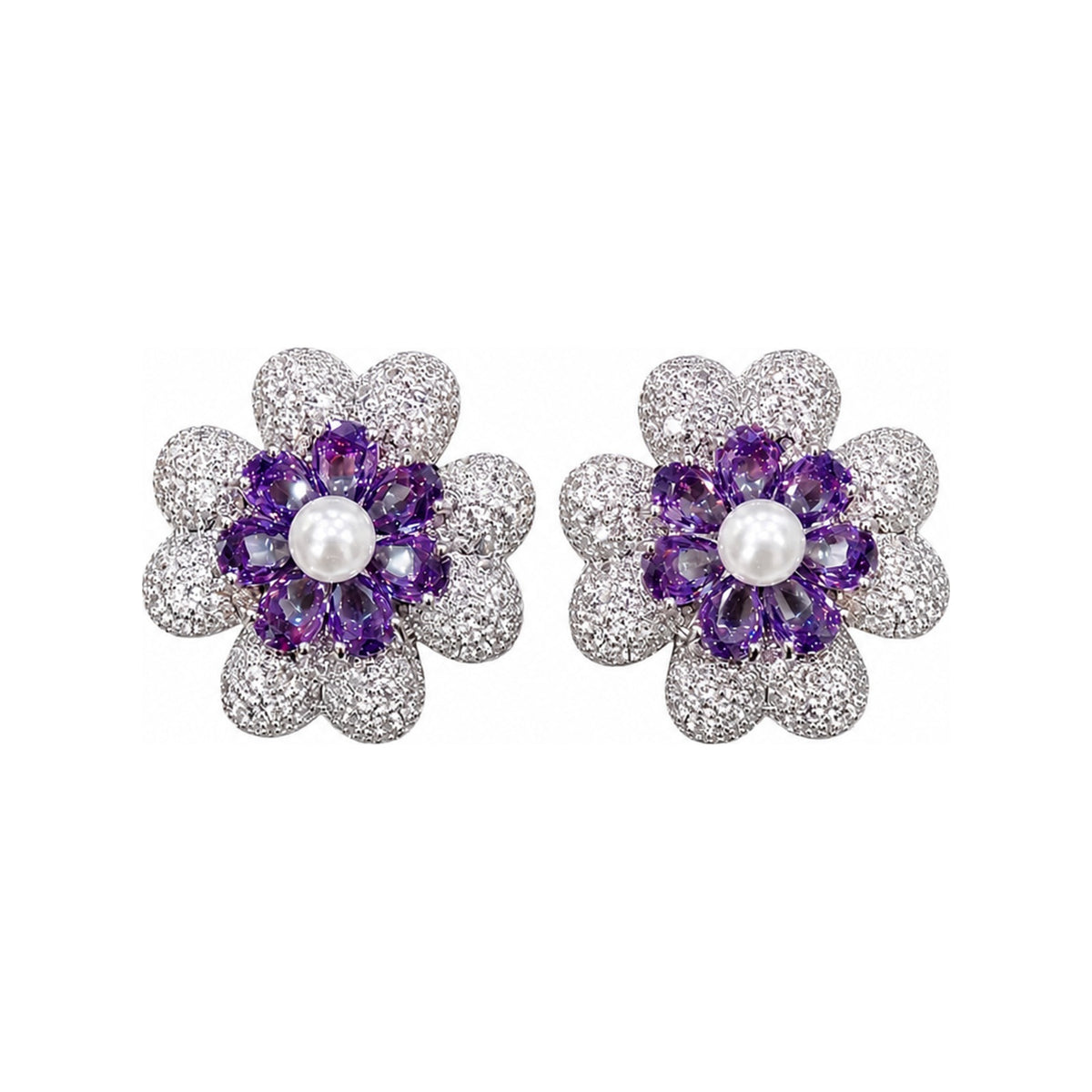 White & Purple Crystal Pearl Flower Stud Earrings