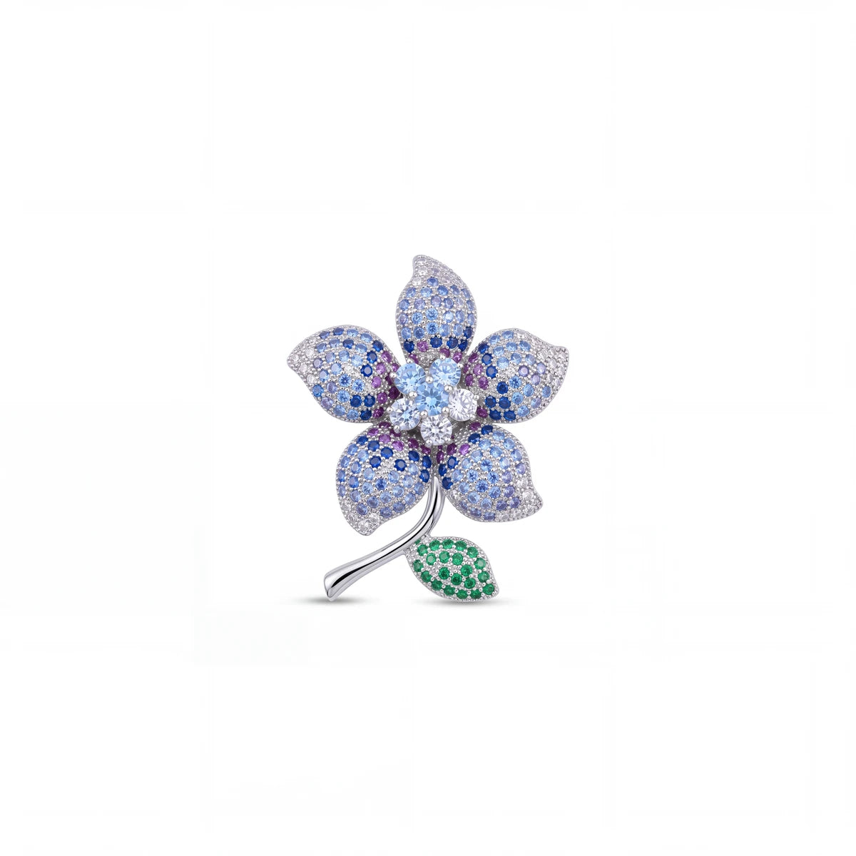 Periwinkle flower brooch for women, rhodium finish - RANGREZ