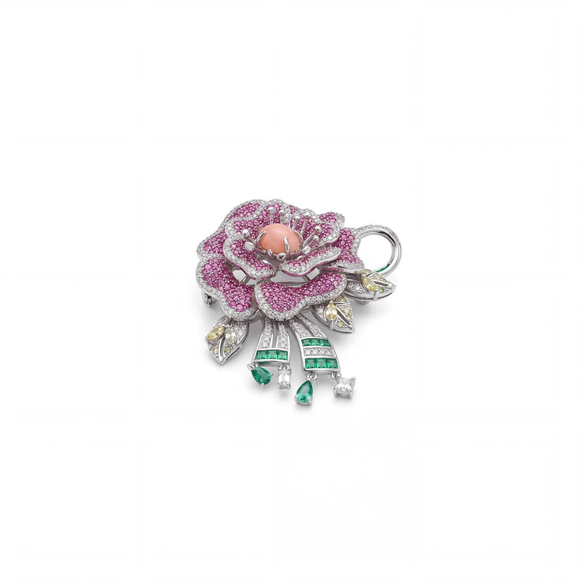 Giselle peony brooch for women, rhodium finish - RANGREZ