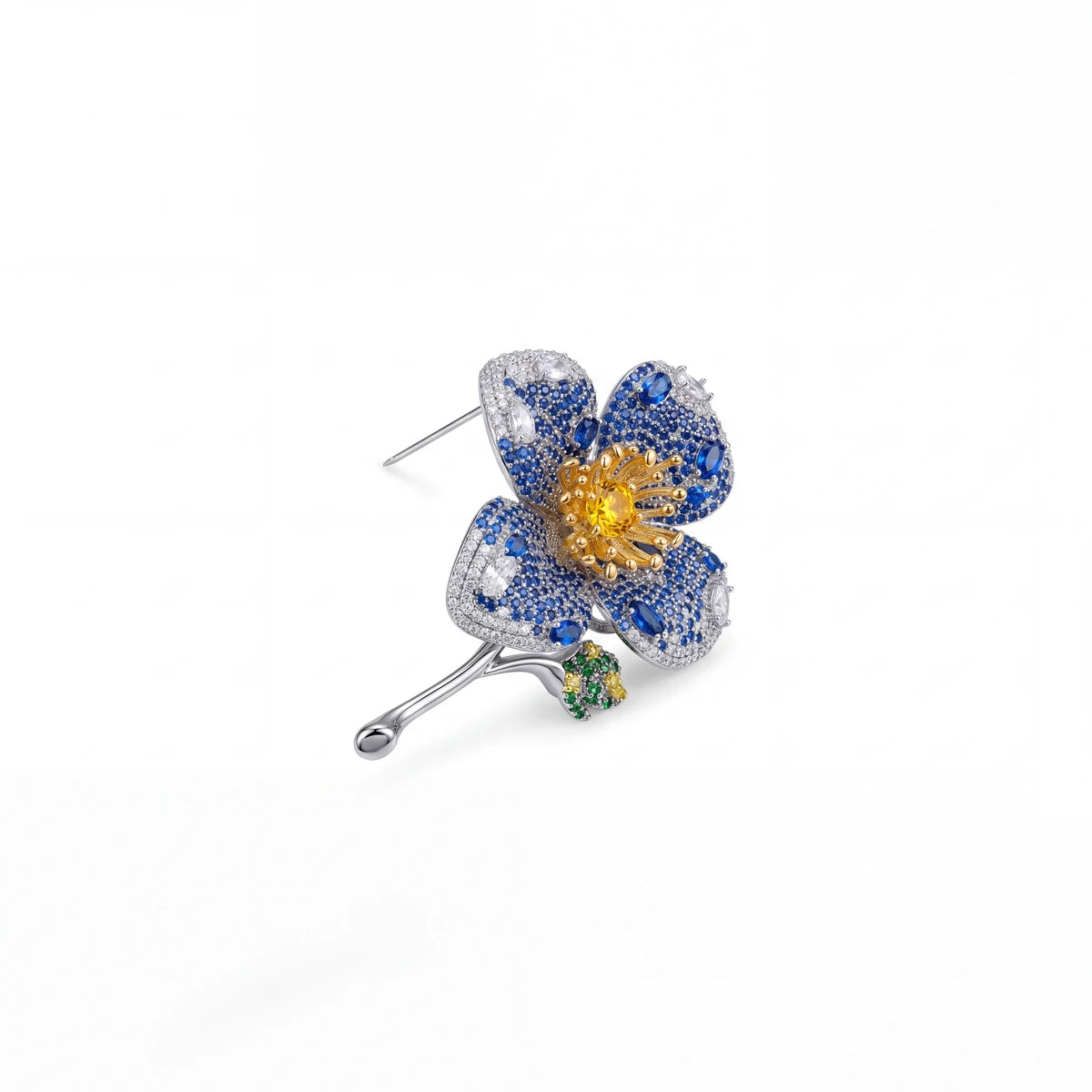 Verbena flower brooch for women, blue, rhodium finish - RANGREZ