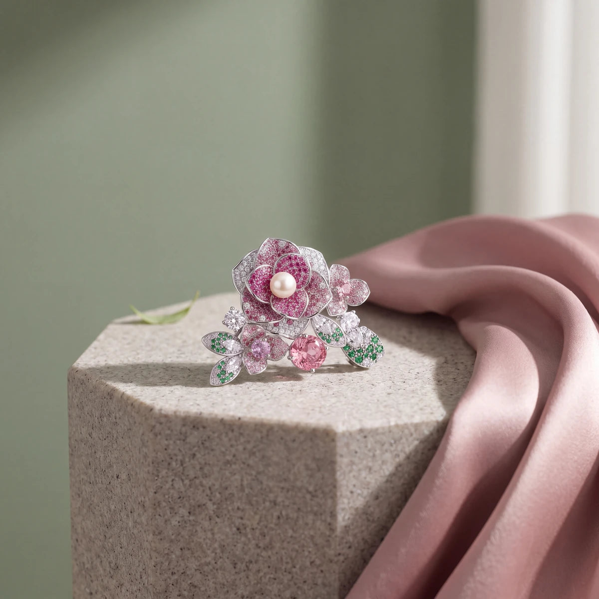 Blush flower brooch for women, rhodium finish - RANGREZ (view 2)