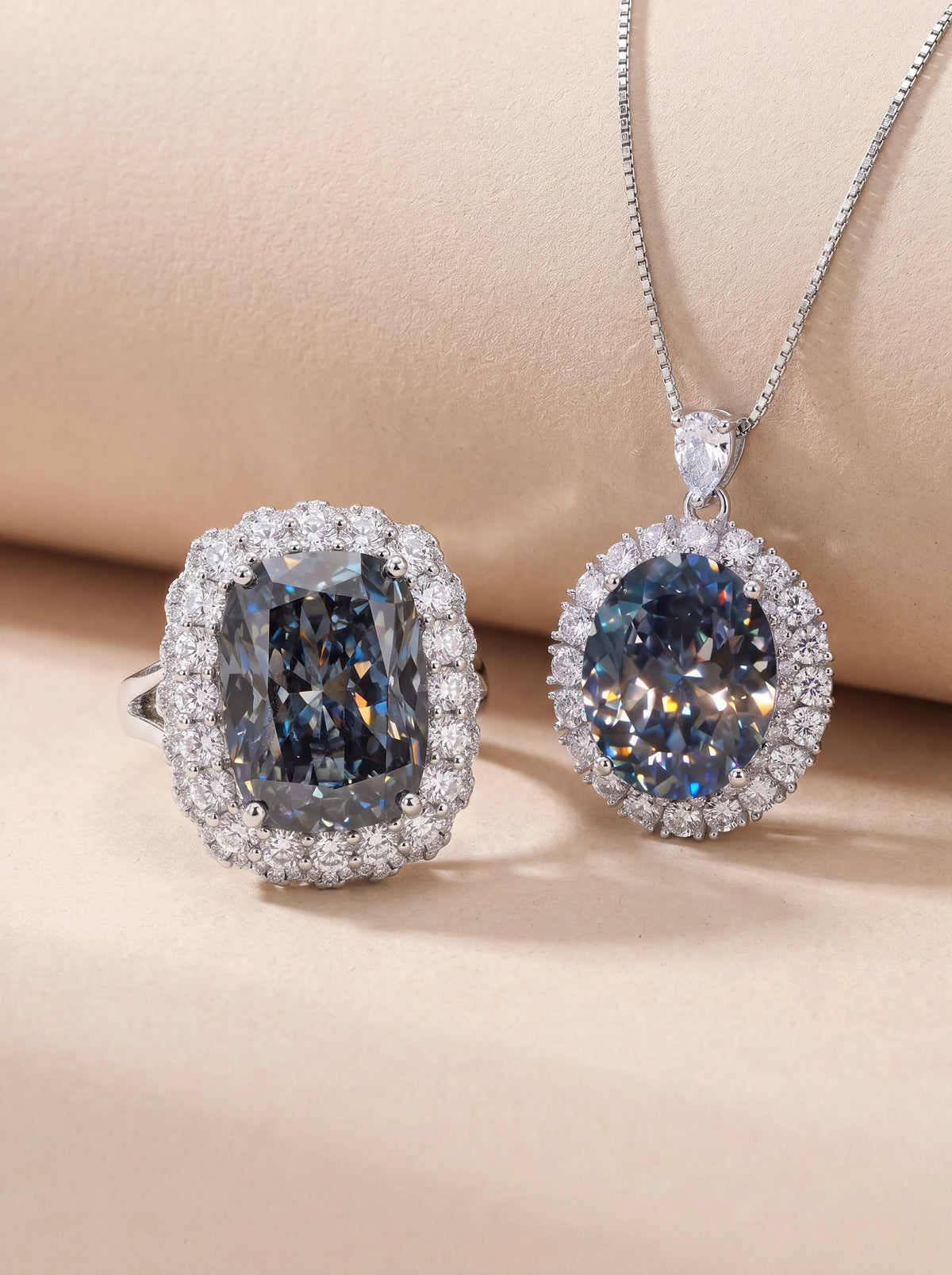 Diana grey crystal halo pendant necklace and ring combo set