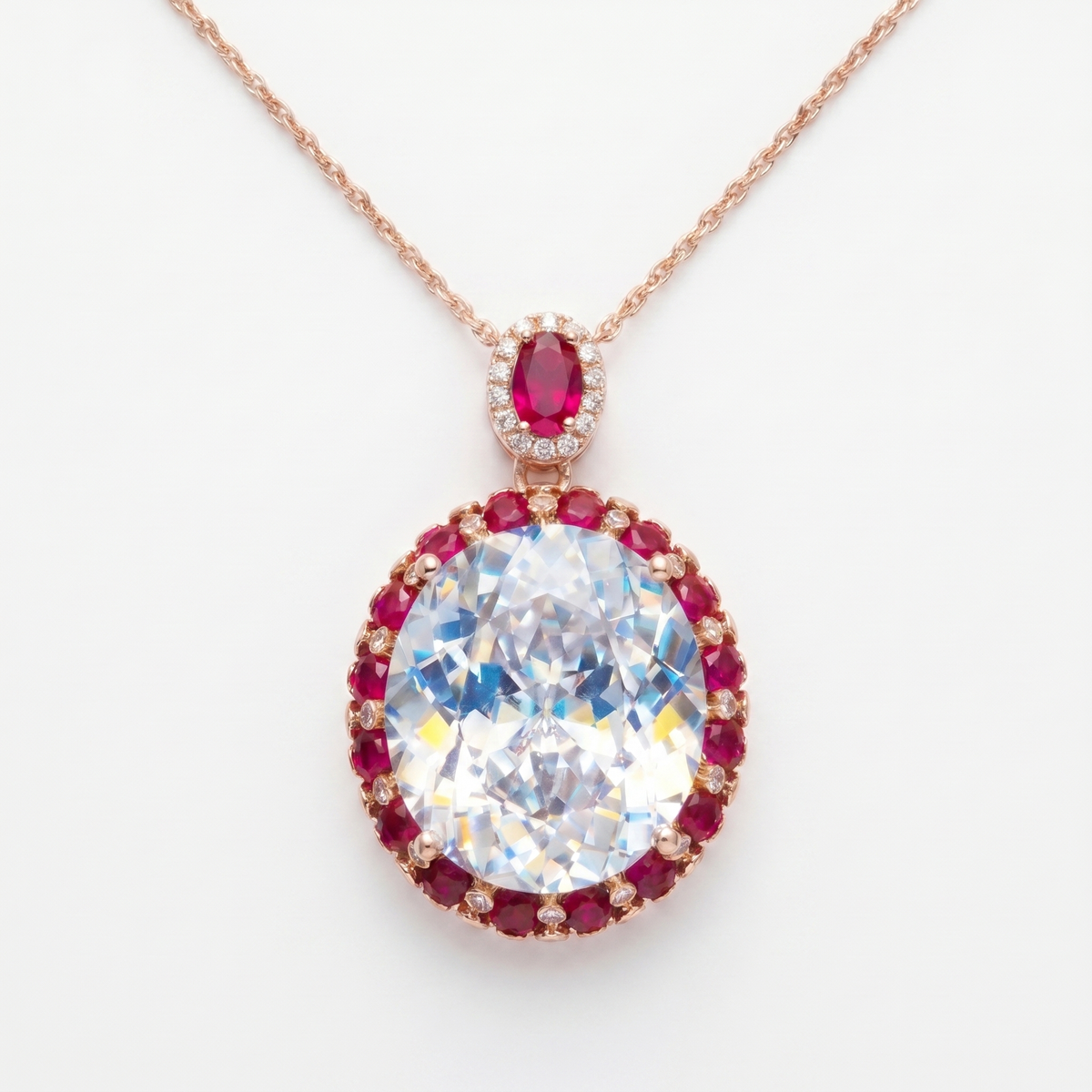 Seraphina White & Red Crystal Oval Halo Pendant Necklace, Rose Gold finish