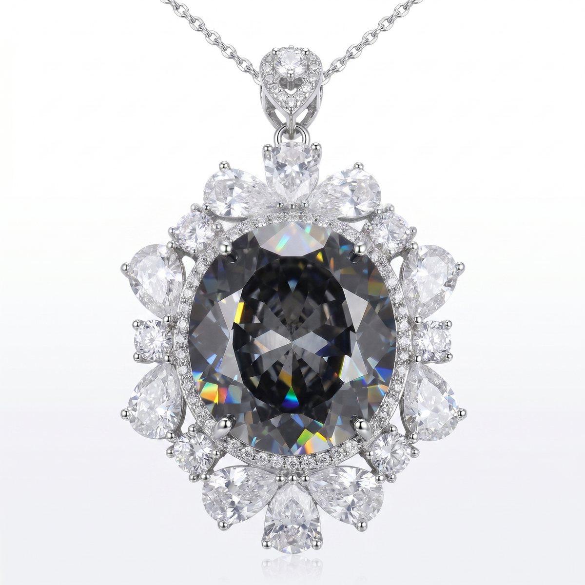Coralia Grey & White Crystal Floral Halo Pendant Necklace, Rhodium finish