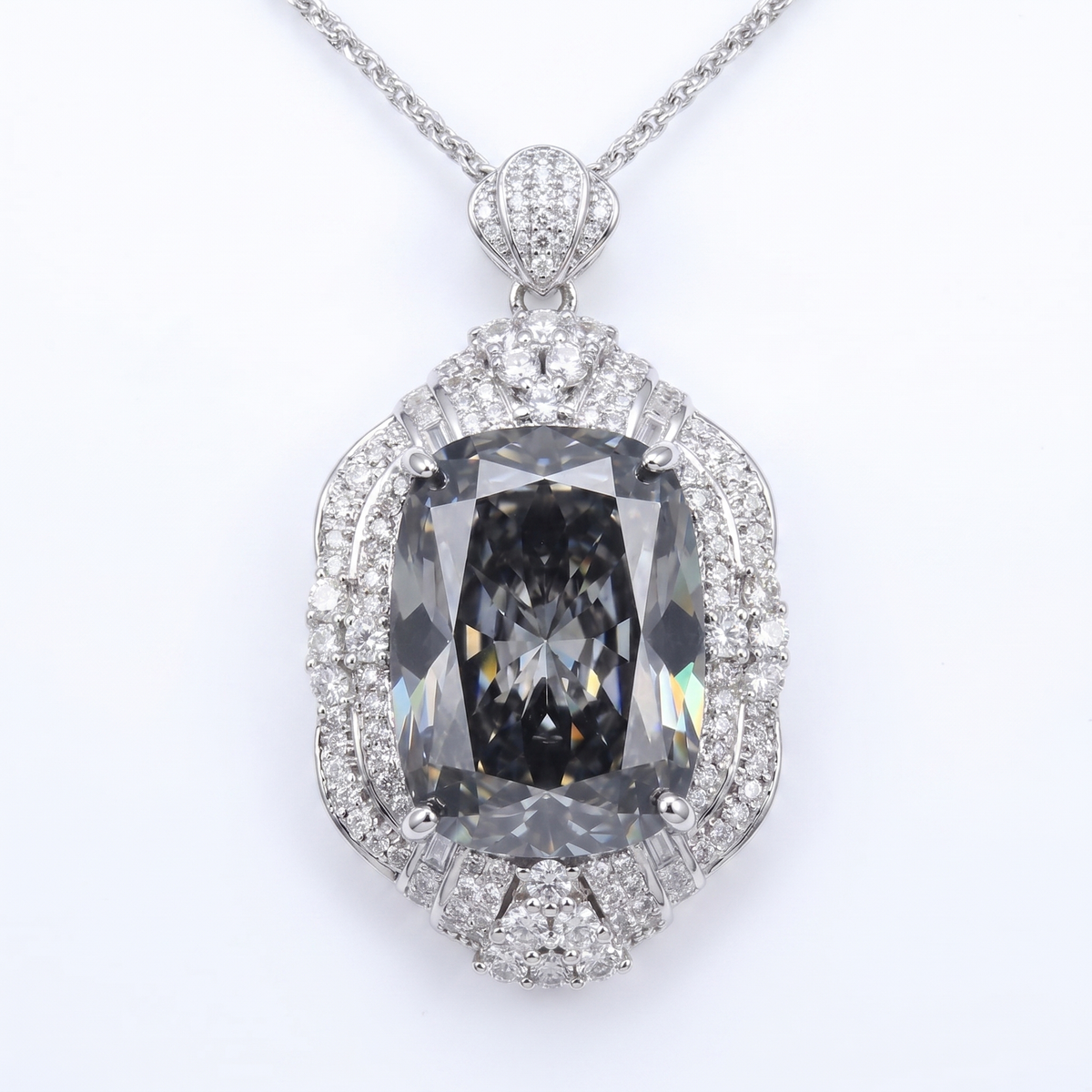 Eclipse Grey Crystal Cushion Royal Pendant Necklace, Rhodium finish
