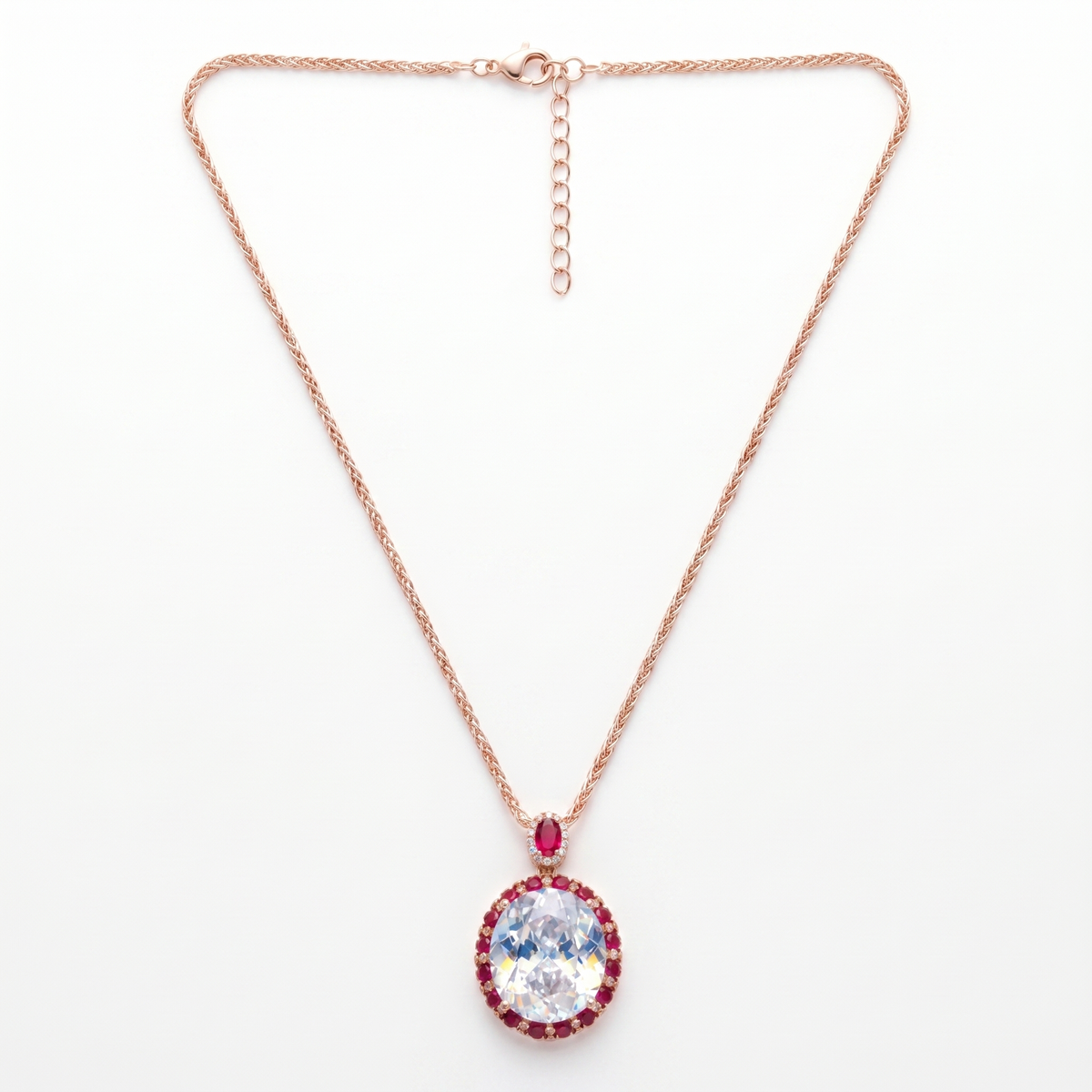 Seraphina White & Red Crystal Oval Halo Pendant Necklace, Rose Gold finish