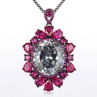 Bellora White & Pink Crystal Floral Halo Pendant Necklace, Black Rhodium finish