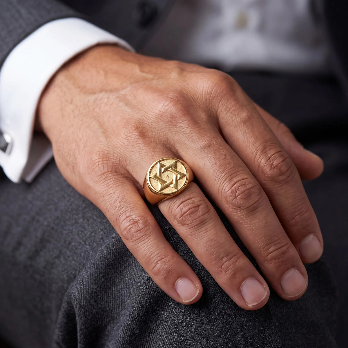 Star Engraved Gold-Tone Signet Ring for Men - view 2